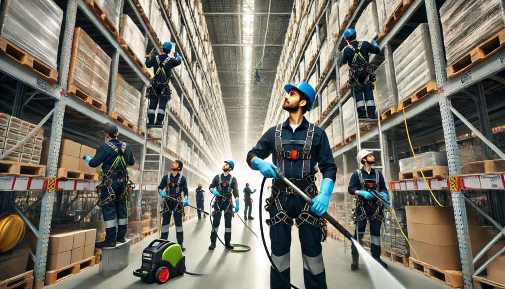 ProWash-team-cleaning-high-shelving-units-in-a-large-warehouse-using-specialized-tools.-The-team-is-dressed-in-matching-professional-uniforms