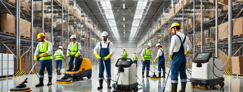 A-team-of- RPW Prowash professionals-cleaning-a-large-industrial-warehouse-using-high-grade-cleaning-equipment.-The-workers-are-wearing-matching-uniforms-